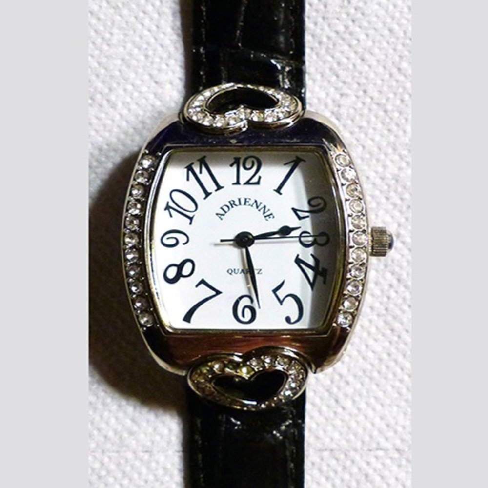 Adrienne Club A Wristwatch Square Case Crystal Enhanced Black Leather Band